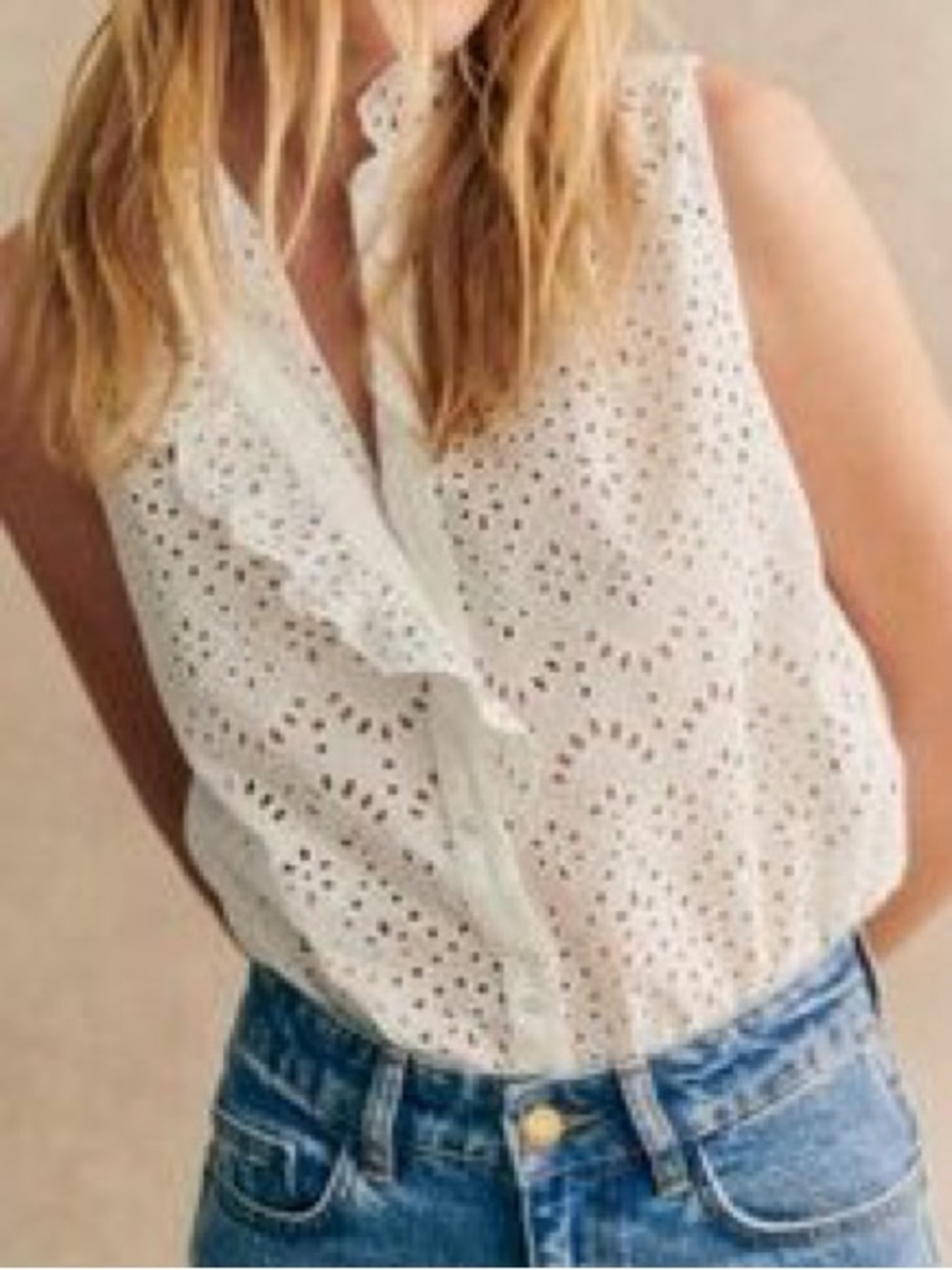 Sezane Sleeveless White Eyelet Ruffle Button-Front Top Size M (EUR 38) NWOT